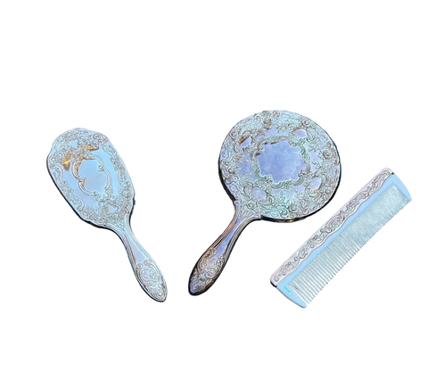 Trio Vintage Silver Plated Vanity Set- Hand Held Mirror, Brush, and Comb