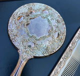 Trio Vintage Silver Plated Vanity Set- Hand Held Mirror, Brush, and Comb
