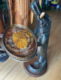 Hand Carved Solid Wood Standing Smoking Alligator Holding Tray With Brass Accents Side Table