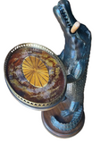 Hand Carved Solid Wood Standing Smoking Alligator Holding Tray With Brass Accents Side Table