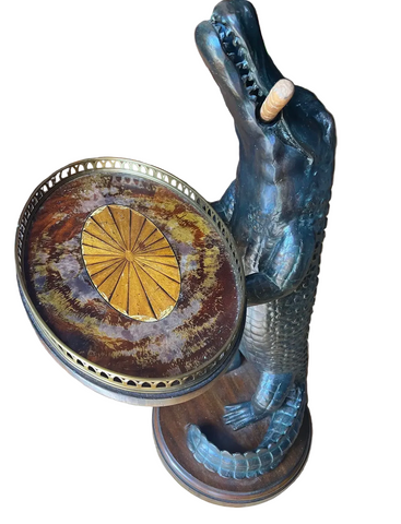 Hand Carved Solid Wood Standing Smoking Alligator Holding Tray With Brass Accents Side Table