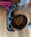 Hand Carved Solid Wood Standing Smoking Alligator Holding Tray With Brass Accents Side Table