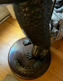 Hand Carved Solid Wood Standing Smoking Alligator Holding Tray With Brass Accents Side Table