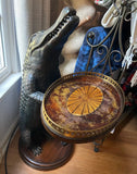 Hand Carved Solid Wood Standing Smoking Alligator Holding Tray With Brass Accents Side Table