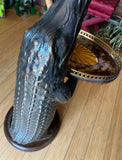 Hand Carved Solid Wood Standing Smoking Alligator Holding Tray With Brass Accents Side Table