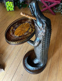 Hand Carved Solid Wood Standing Smoking Alligator Holding Tray With Brass Accents Side Table