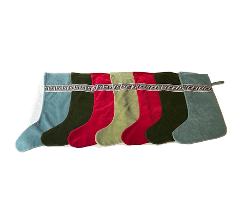 Collection of Velvet Colorful Christmas Stockings With Greek Key Accents- Set of 7