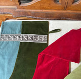 Collection of Velvet Colorful Christmas Stockings With Greek Key Accents- Set of 7