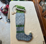Extra Long Hand Knit Blue and Green Christmas Stocking