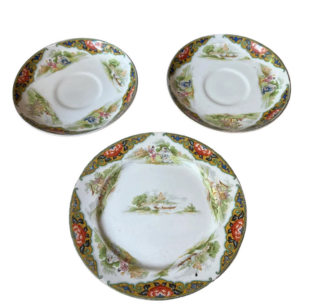 1970s Trio of Ceramic Floral Asian Plates With Boat Scene, John Maddock- Set of 3