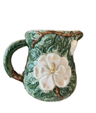 1970s Mid-Century Ceramic Green Pitcher With White Flower Accents