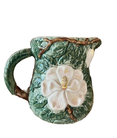 1970s Mid-Century Ceramic Green Pitcher With White Flower Accents