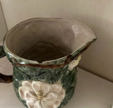 1970s Mid-Century Ceramic Green Pitcher With White Flower Accents