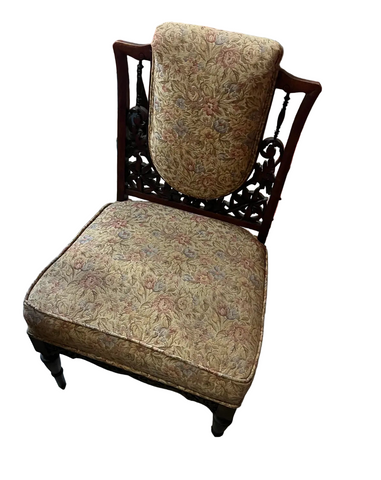 1970s Wooden Mid-Century Modern Detailed Carved Chair With Floral Cushions