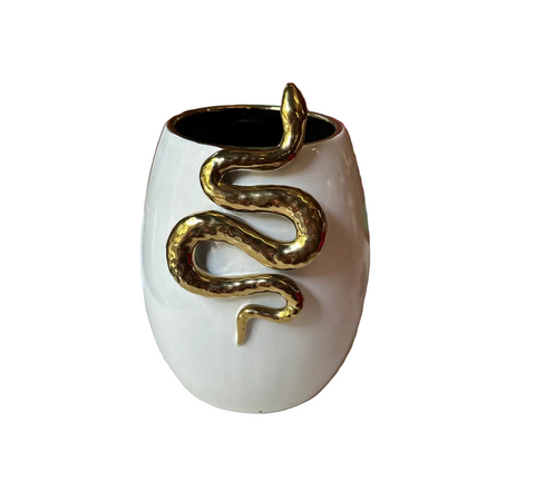 White Ceramic Planter/Vase With Gold Snake Accents