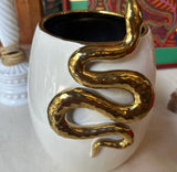 White Ceramic Planter/Vase With Gold Snake Accents