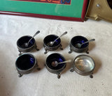 Blue Cobalt Glass Footed Salt Cellars With Miniature Spoons- Incomplete Set of 6