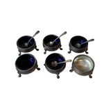 Blue Cobalt Glass Footed Salt Cellars With Miniature Spoons- Incomplete Set of 6