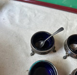Blue Cobalt Glass Footed Salt Cellars With Miniature Spoons- Incomplete Set of 6