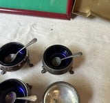 Blue Cobalt Glass Footed Salt Cellars With Miniature Spoons- Incomplete Set of 6