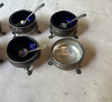 Blue Cobalt Glass Footed Salt Cellars With Miniature Spoons- Incomplete Set of 6