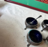 Blue Cobalt Glass Footed Salt Cellars With Miniature Spoons- Incomplete Set of 6