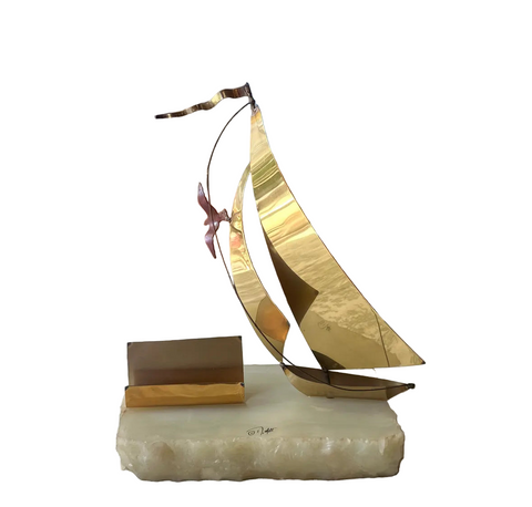 1970s Brass Sailboat Business Card Holder With Marble Base