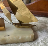 1970s Brass Sailboat Business Card Holder With Marble Base