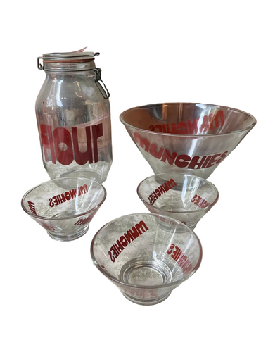 1970s Collection of Red Font Munchies Bowls and Flour Jar- Set of 5