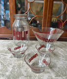 1970s Collection of Red Font Munchies Bowls and Flour Jar- Set of 5