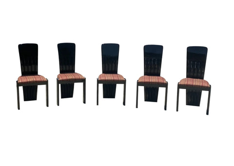 1980s Lacquered Black Upholstered Dining Chairs - Set of 5