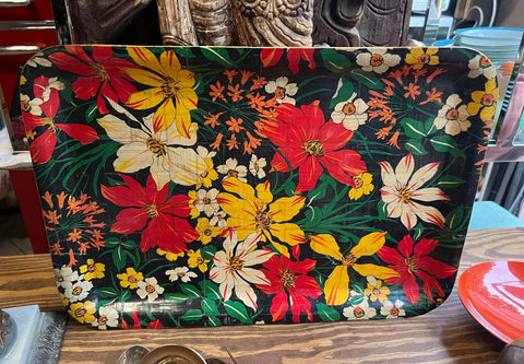1960s floral bamboo tray