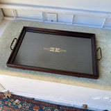 1970s Art Deco Brass Handles Wooden and Handpainted Tray - FREE SHIPPING!