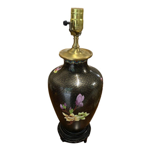 1970s Asian Black Lamp With Cherry Blossoms