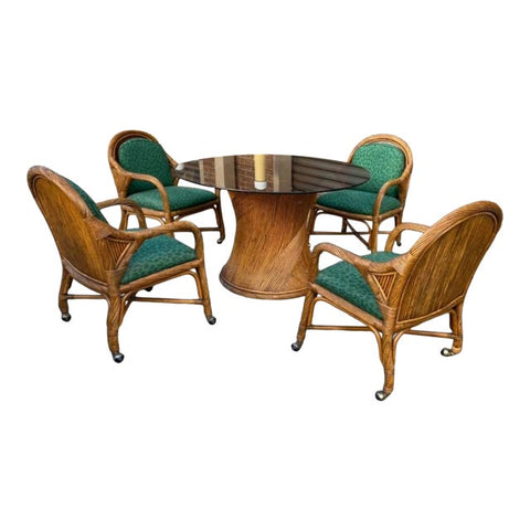 1970s Boho Chic Green Bamboo Dining Set - 5 Pieces
