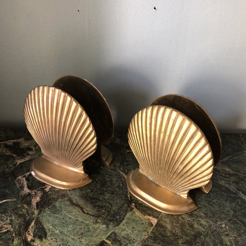 Vintage Solid Brass Scalloped Shell Shaped Bookends - a Pair