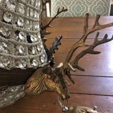 1970s Large Aged Bronze Deer Head Stag Chandelier W Acanthus Detail - FREE SHIPPING!