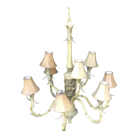 1970s Off White Large Chandelier with Printed Shades - FREE SHIPPING!