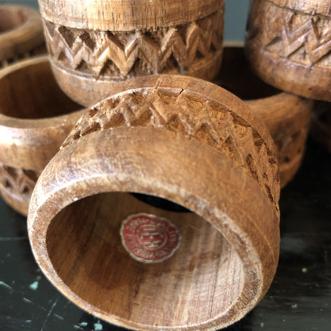 Vintage Hand Carved Wood Napkin Rings Set Of 6 Floral Brown India