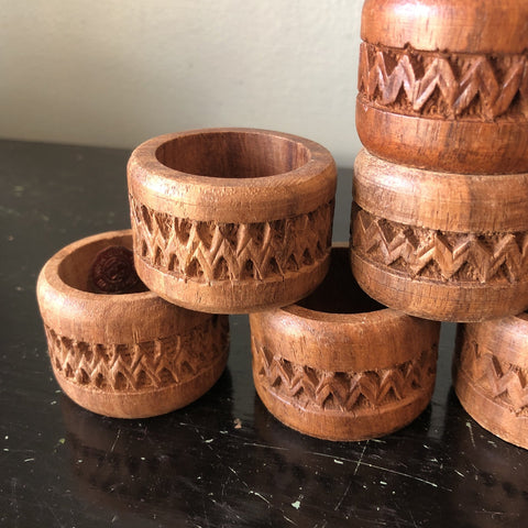 Vintage Wood Napkin Rings, Set of 8 Hand Carved Napkin Rings