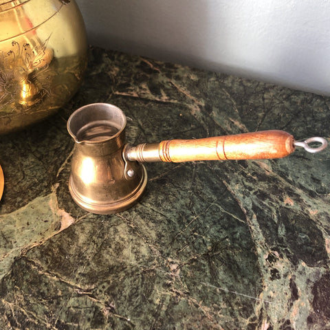 Antique Copper Turkish Coffee Maker with Wooden Handle, Creamer