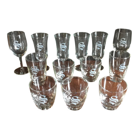 Collection of Thirteen "S" Monogrammed Glasses - Set of 13 - FREE SHIPPING!