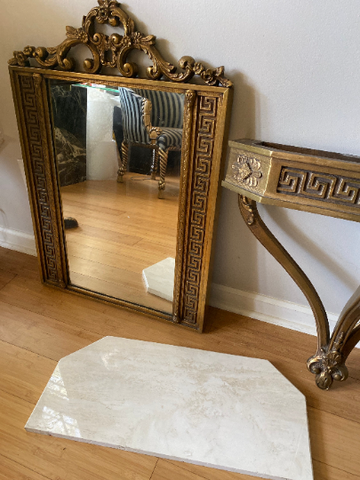 Greek Key Console Demilune with Marble Top and Matching Acanthus Mirror - 2 pieces