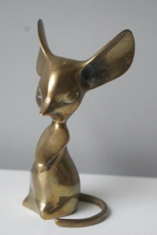 Vintage Solid Brass Mouse With Big Ears Curled Tail Figurine