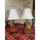 1970s Brass Box Lamps With White Lamp Shades - a Pair