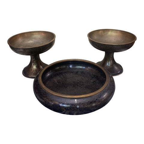 Cloisonné Matching Design Bowl and Pedestal Bowls - 3 Piece Set