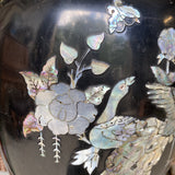 1970s Tall Black Asian Mother of Pearl Peacock Details Vase