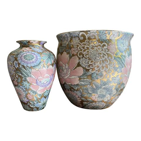 1970s Chinoiserie Pink & Teal Ceramic Vases- a Pair