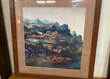 Asian Fishing Village Scene With Wooden Frame