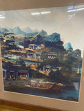 Asian Fishing Village Scene With Wooden Frame